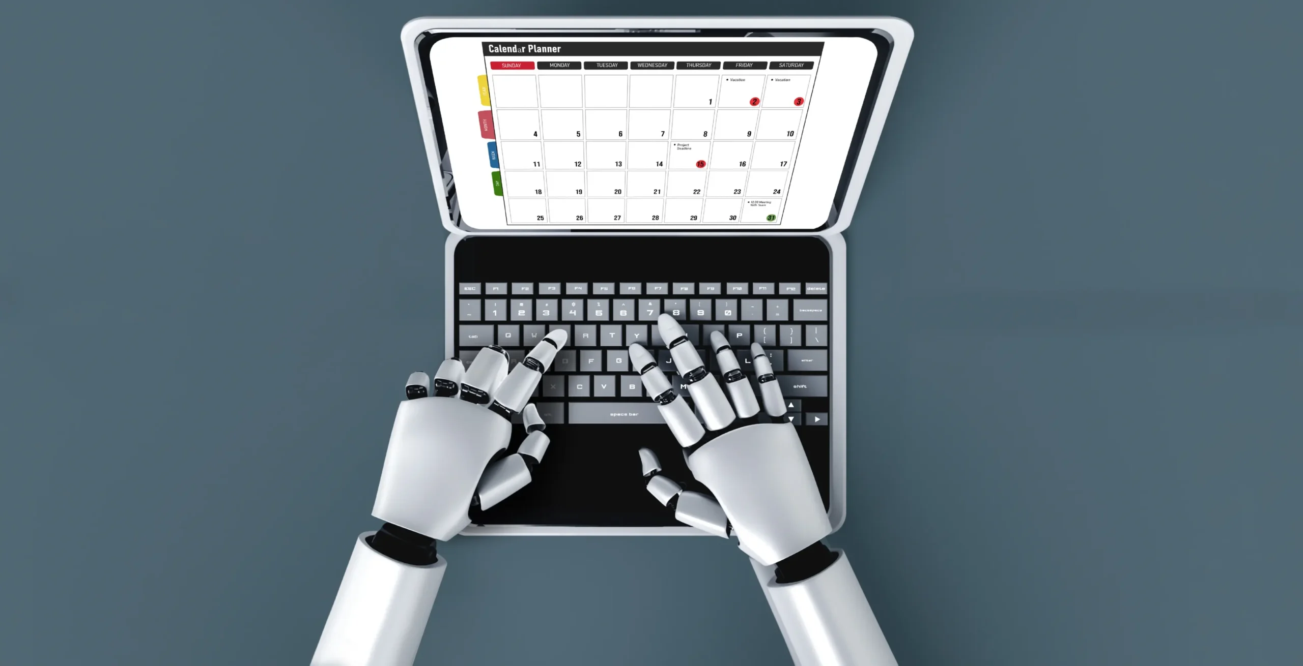 Roboter tippt auf Laptop um Termine zu planen – KI als neue Healthcare Marketing Trends.